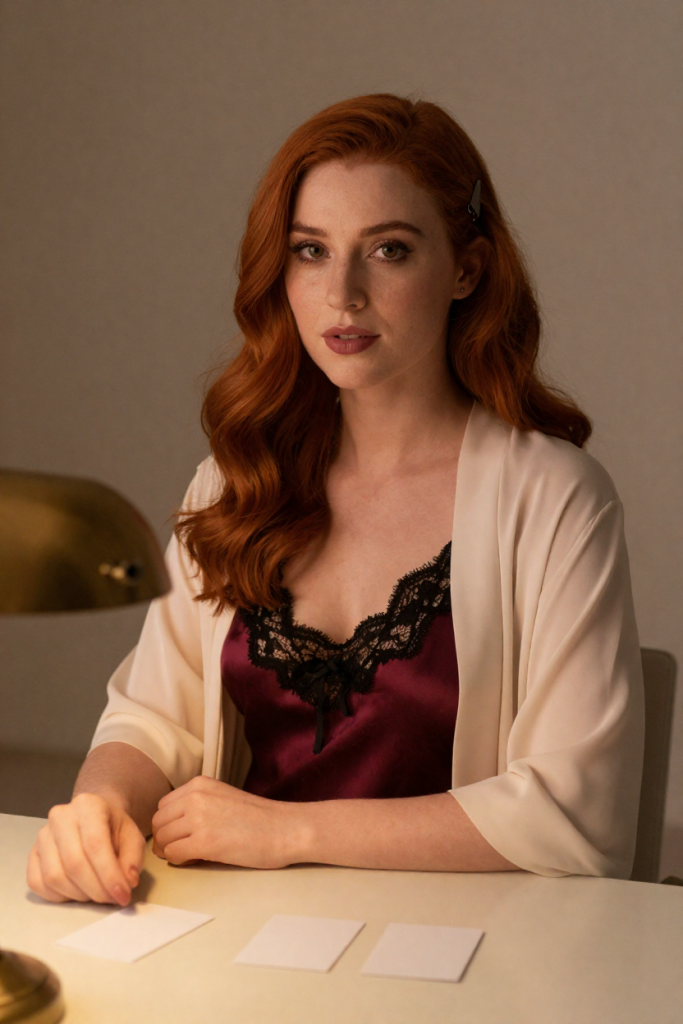 Chuhai999 muse in a wine-red silk slip dress with black lace and a sheer cream robe at a desk with blank cards