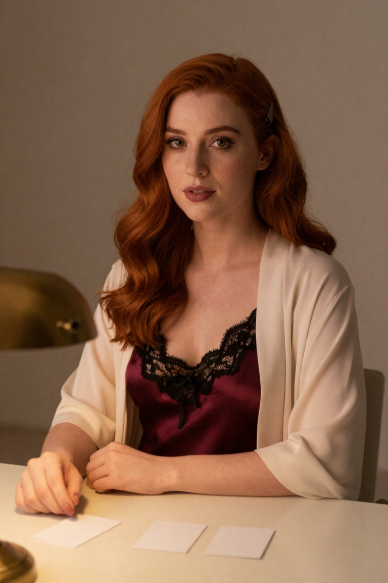 Chuhai999 muse in a wine-red silk slip dress with black lace and a sheer cream robe at a desk with blank cards